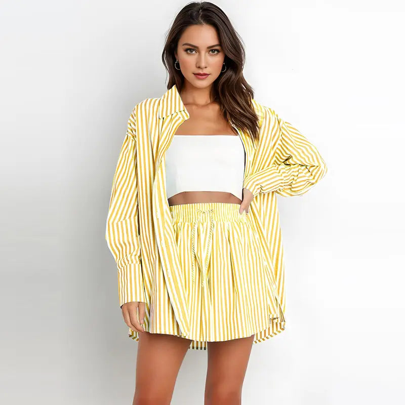 TIFY™ – Schickes gestreiftes Hemd mit Kragen und weitem Shorts-Set