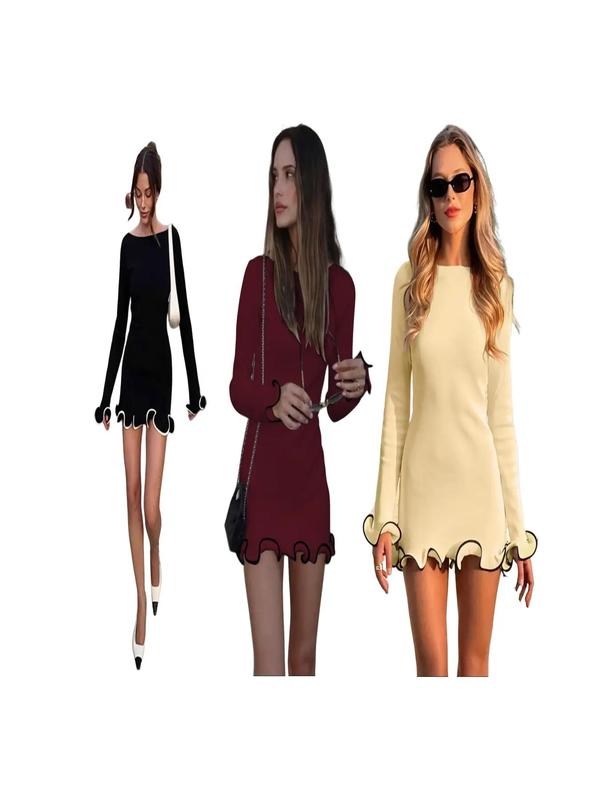 SARAH™ - Elegantes Colorblock A-Linien-Kleid mit Wellensaum und langen Ärmeln