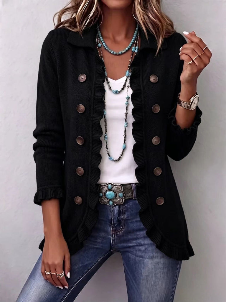 Zaira | Gerippte Strickjacke in Tiefschwarz mit Volants