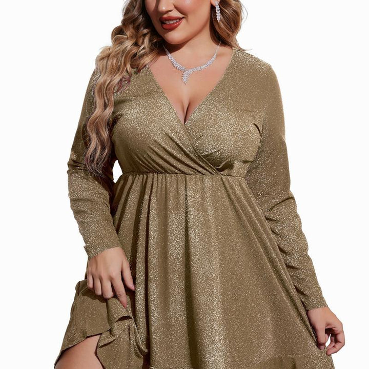 MATHILDE™ - Große Größen Glitzer V-Ausschnitt Rüschensaum Swing Cocktailkleid