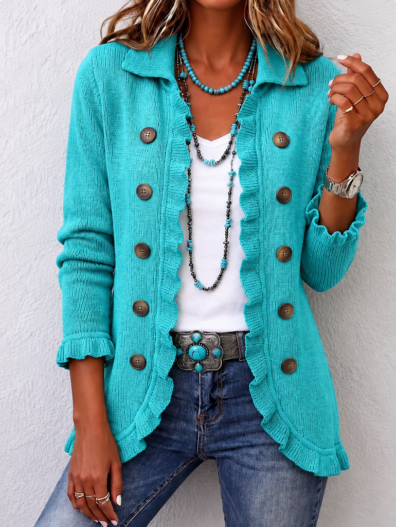Silvana | Gerippte Strickjacke in Türkis mit Volants