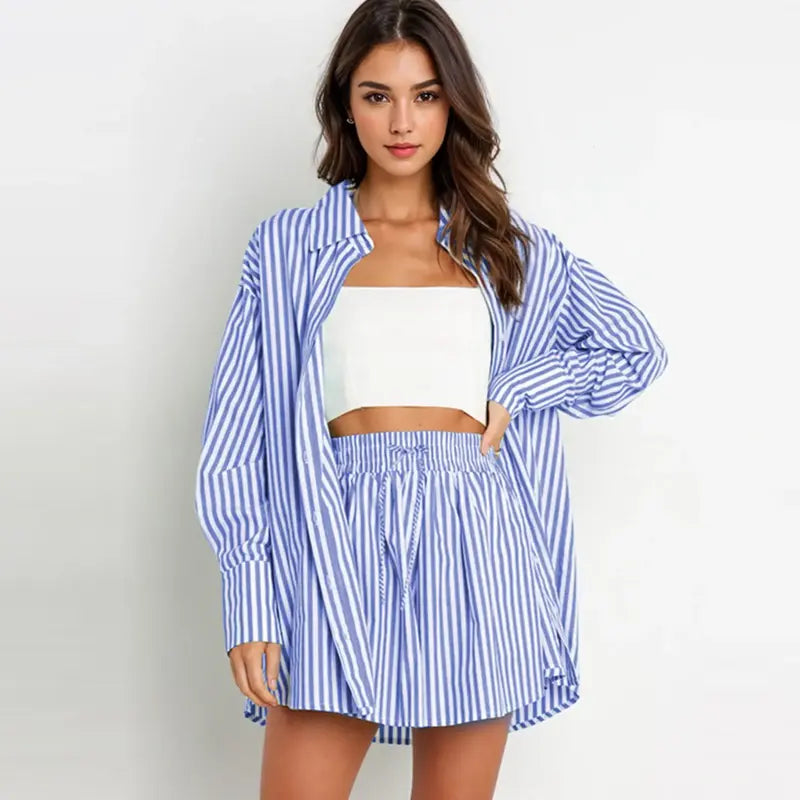 TIFY™ – Schickes gestreiftes Hemd mit Kragen und weitem Shorts-Set