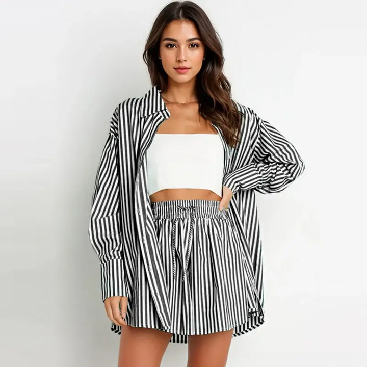 TIFY™ – Schickes gestreiftes Hemd mit Kragen und weitem Shorts-Set