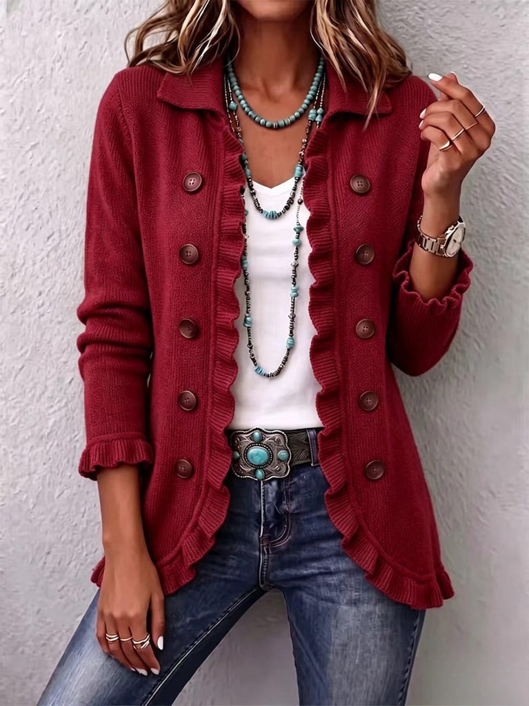 Marta | Gerippte Strickjacke in Rubinrot mit Volants