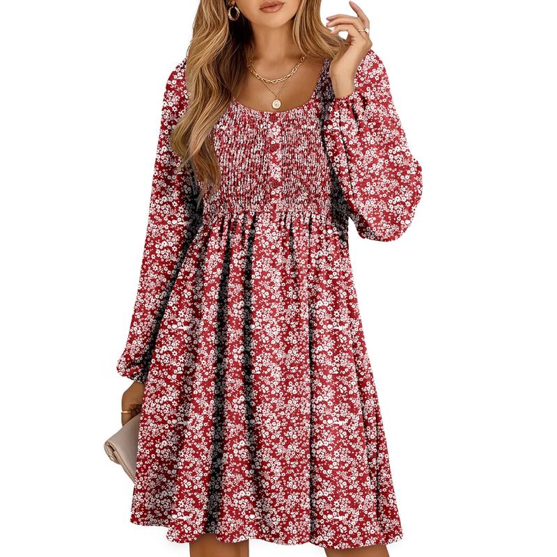 HARPER™ - Legeres, gesmoktes A-Linien-Kleid mit Empire-Taille und Knopfleiste