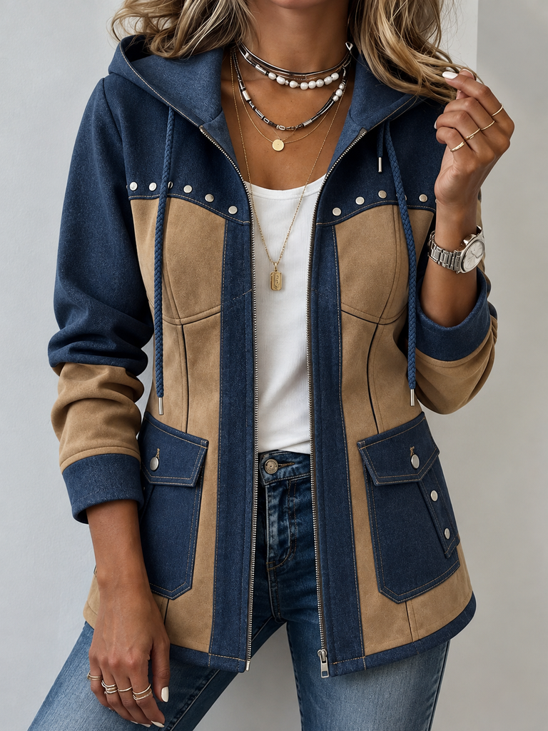 Adriana | Zweifarbige Kapuzenjacke in Marineblau und Camel