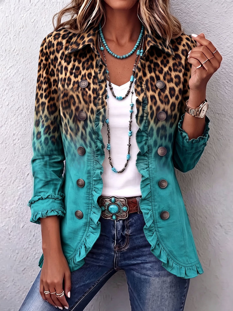 Beatrice | Leopardenblazer mit Farbverlauf in Türkis und Volants