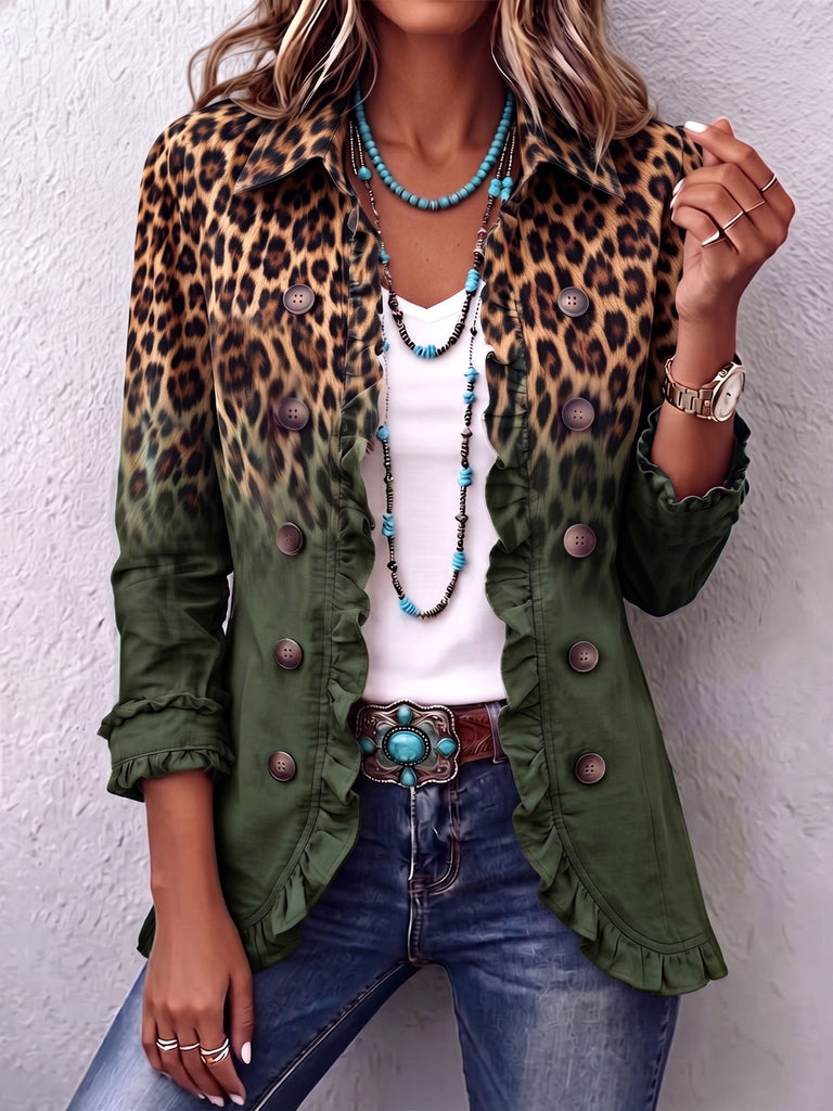 Ludovica | Leopardenblazer mit Farbverlauf in Olivgrün und Volants