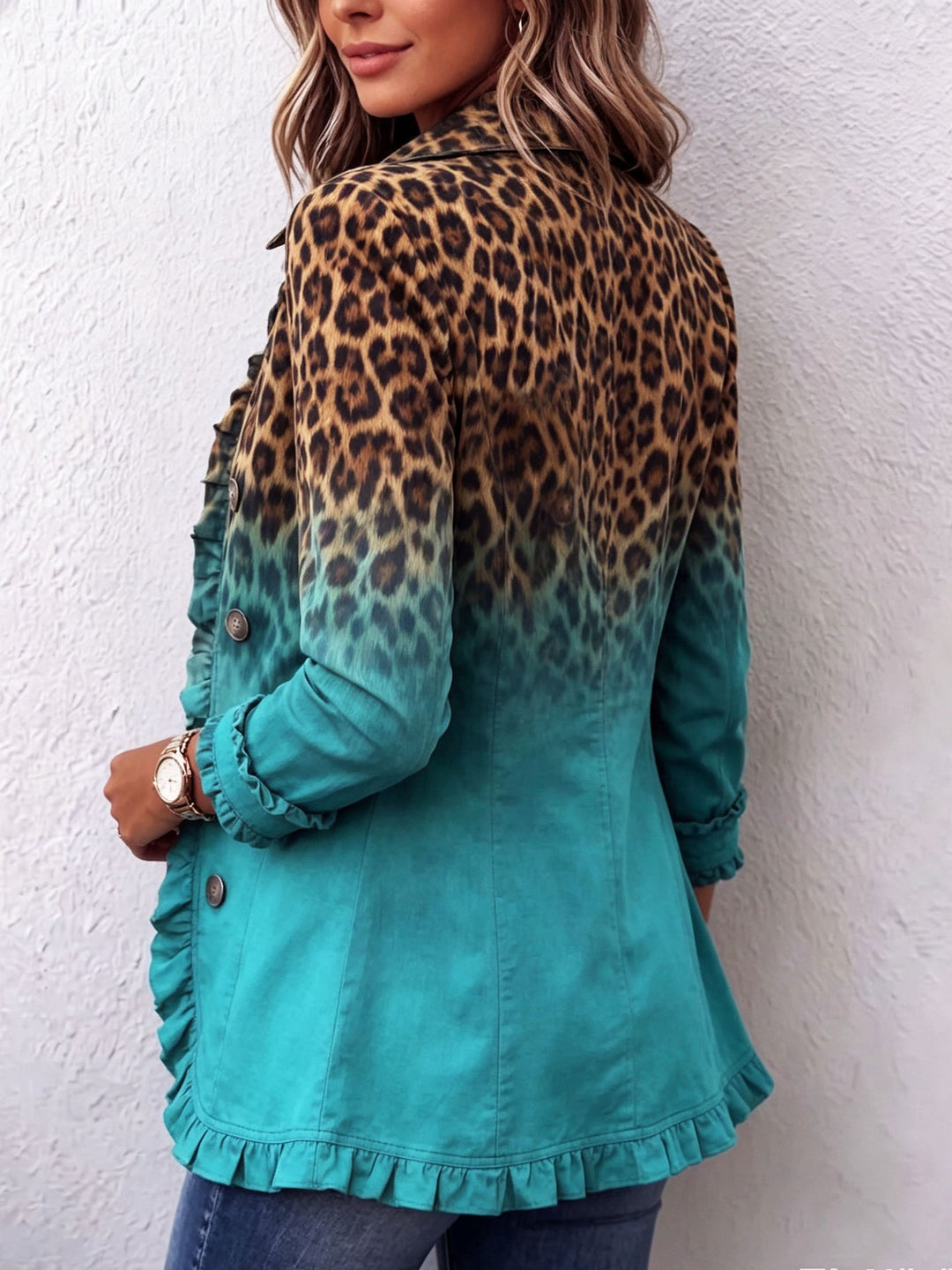 Beatrice | Leopardenblazer mit Farbverlauf in Türkis und Volants