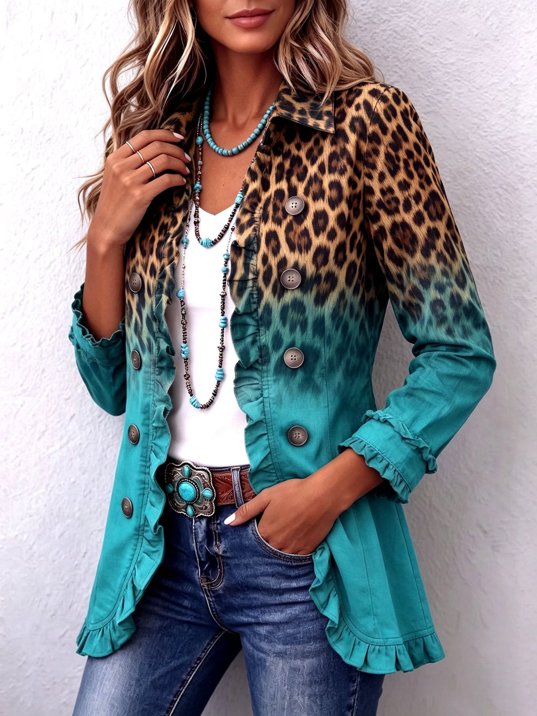 Beatrice | Leopardenblazer mit Farbverlauf in Türkis und Volants