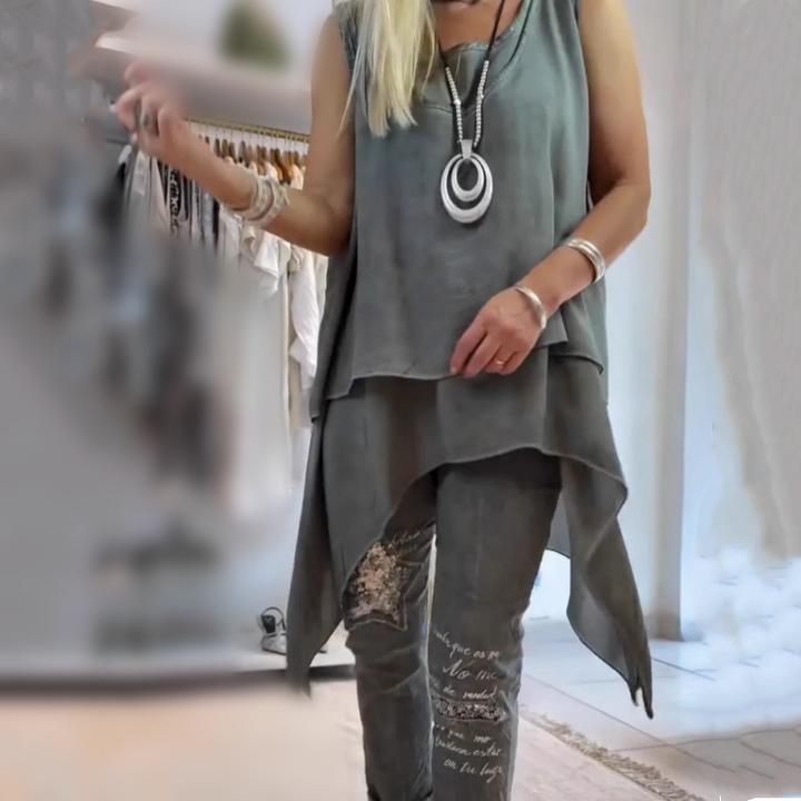 MIREYA™ - Asymmetrisches Top & Hose mit Blumenmuster Set
